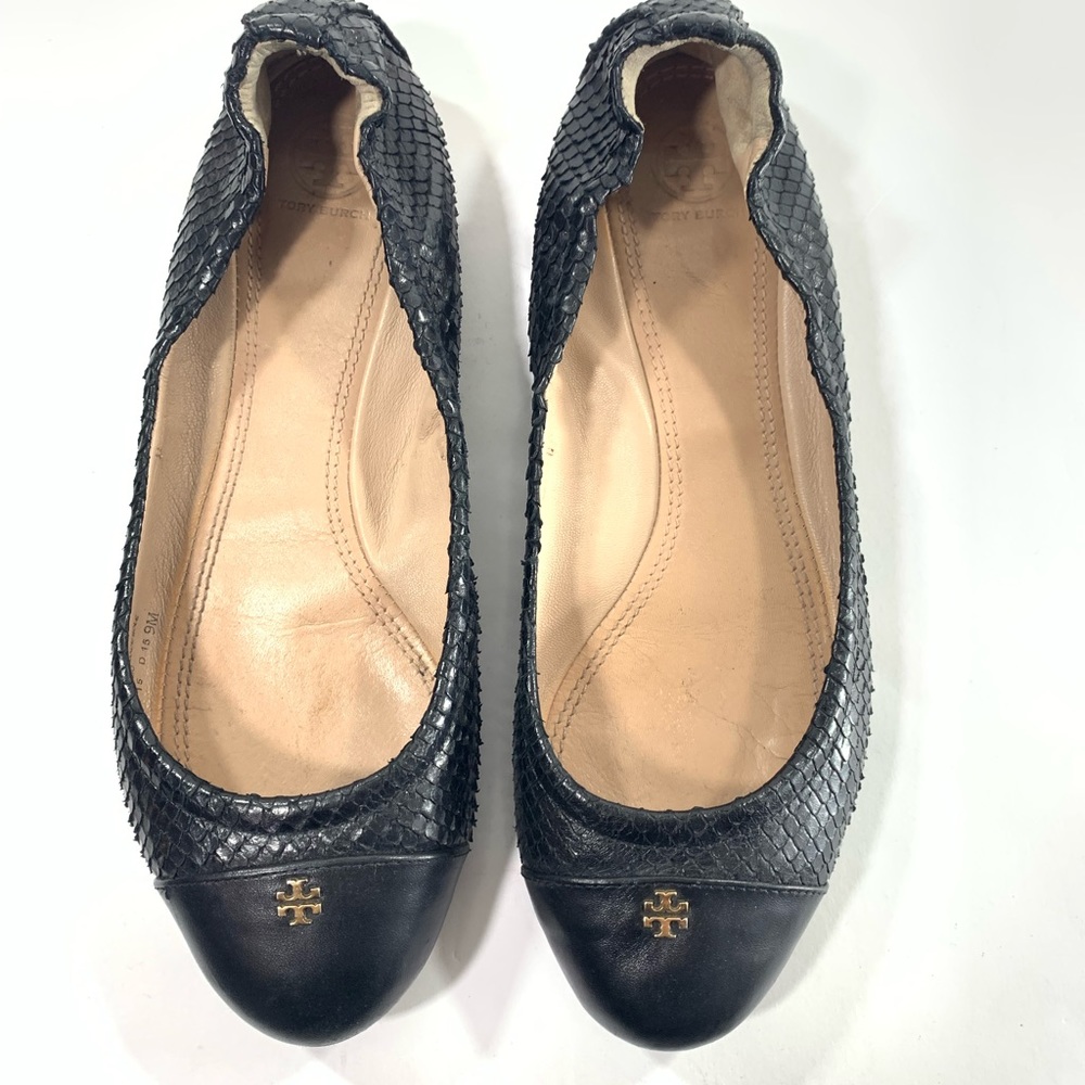 Tory Burch Sz 9 Black Cap Toe Leather Snake Skin Print Ballet Scrunch Back Flats